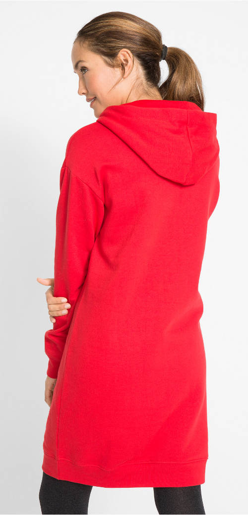 Červené dámske zimné šaty s kapucňou