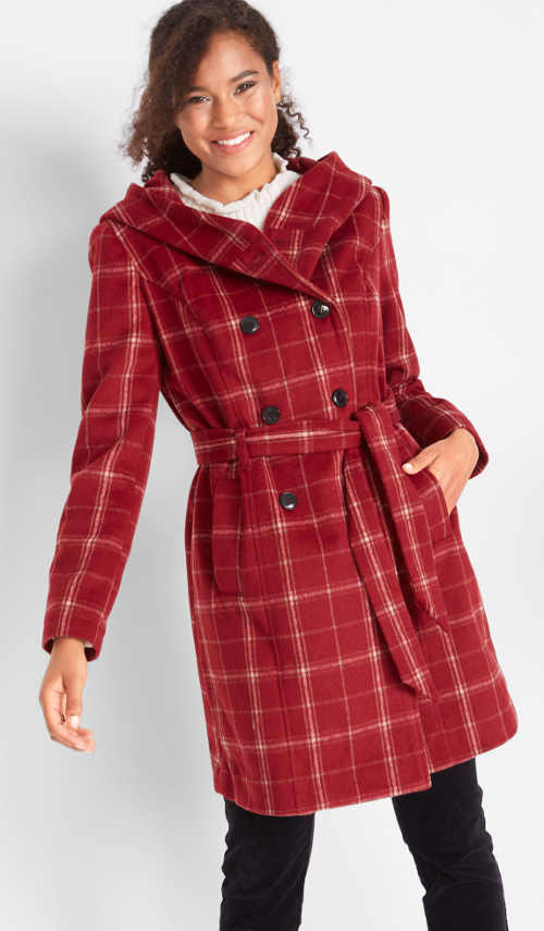 Červený kockovaný dámsky kabát