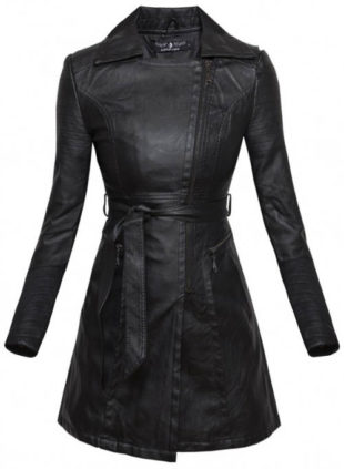 Dámsky čierny kožený kabát