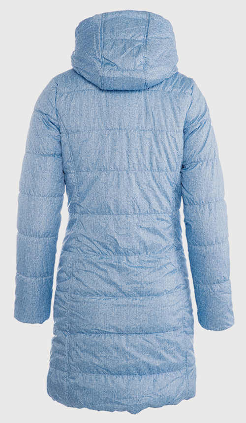 Prešívaný modrý dámsky zimný kabát s kapucňou