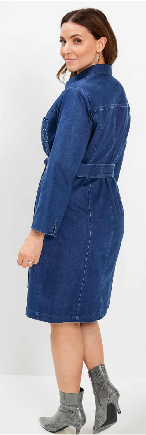 Dámske džínsové šaty s opaskom a dĺžkou po kolená