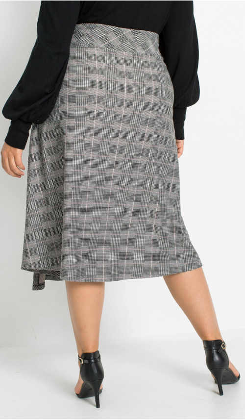 Dámska sivá kockovaná sukňa pre širšie boky