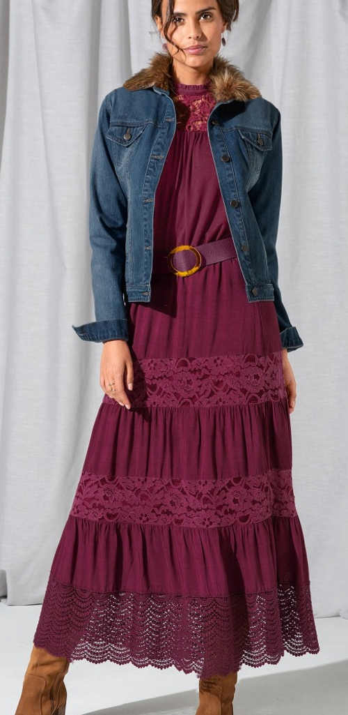 Dlhá fialová dámska maxi sukňa s čipkou