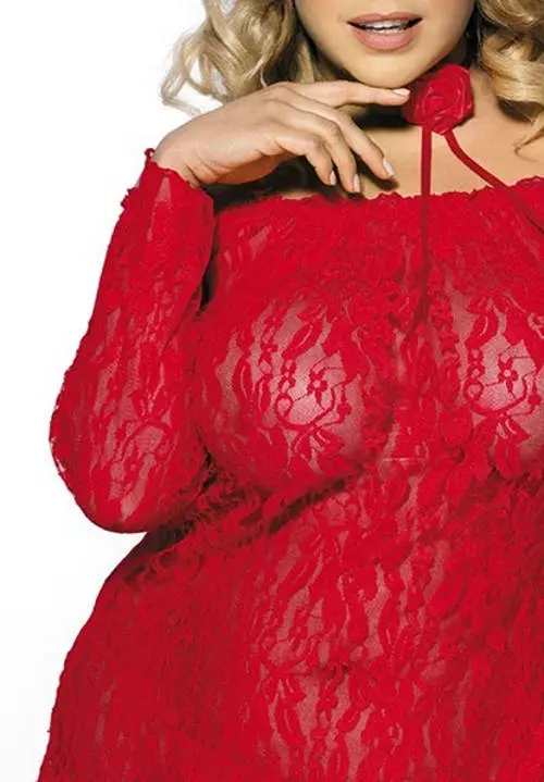 Červená čipkovaná nočná košeľa pre plnoštíhle ženy