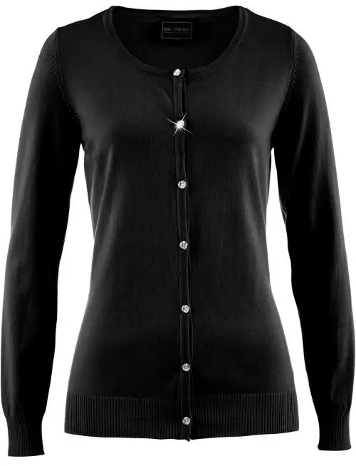 Čierny dámsky sveter s trblietavými ozdobnými gombíkmi