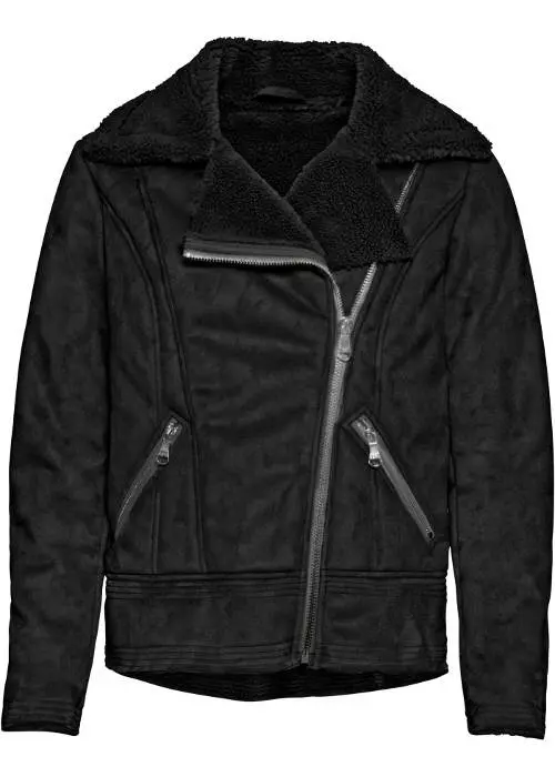 Čierna dámska kožená bunda s kožušinou