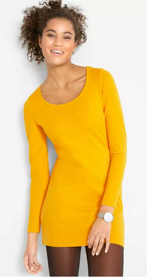 Dámske strečové mini šaty s dlhými rukávmi v kanárikovo žltej farbe