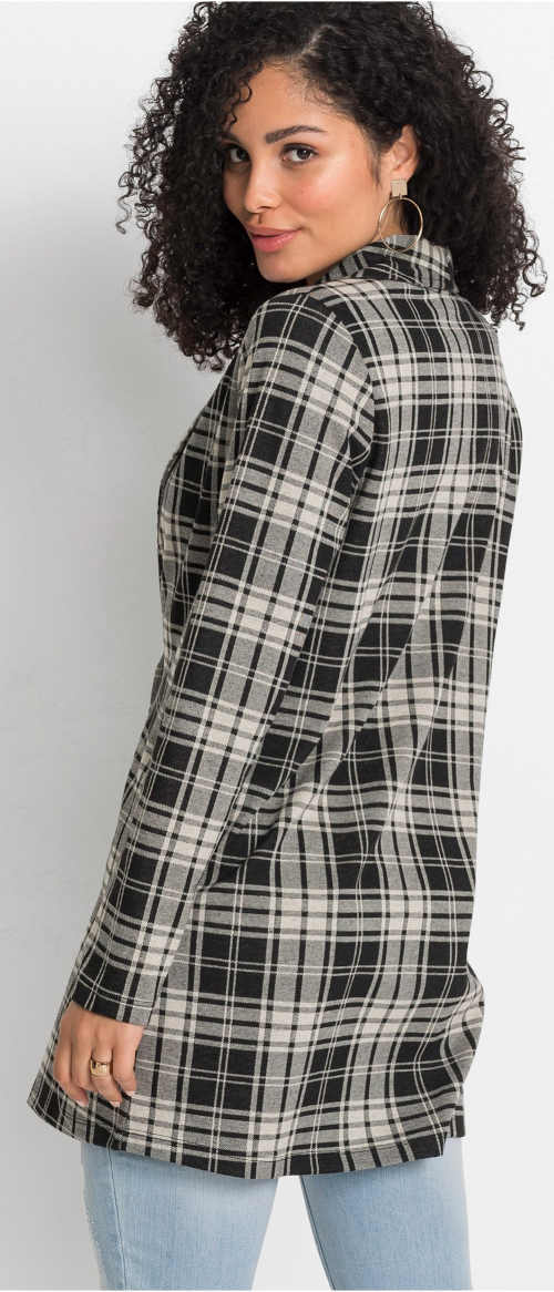 Károvaný jarný moderný dámsky kabát pre bacuľaté dievčatá