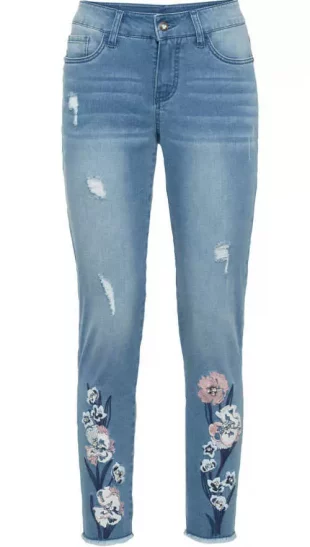 Štýlové dámske úzke džínsy s kvetinovou výšivkou