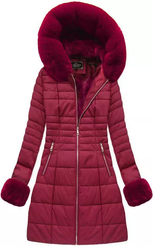 Teplá dlhšia fialová prešívaná zimná bunda s kapucňou