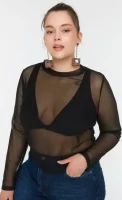 Čierna priehľadná tylová blúzka plus size